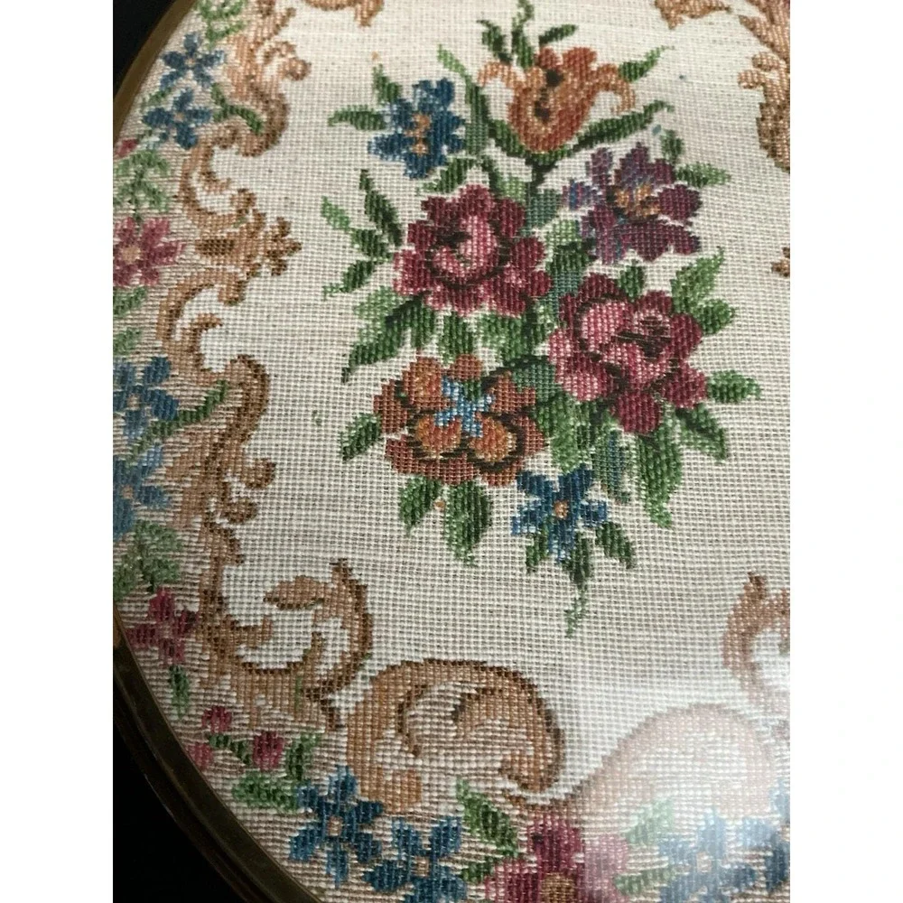 VTG Austrian Style Petit Point Floral Vanity Hand Mirror Gold Tone‎ 14